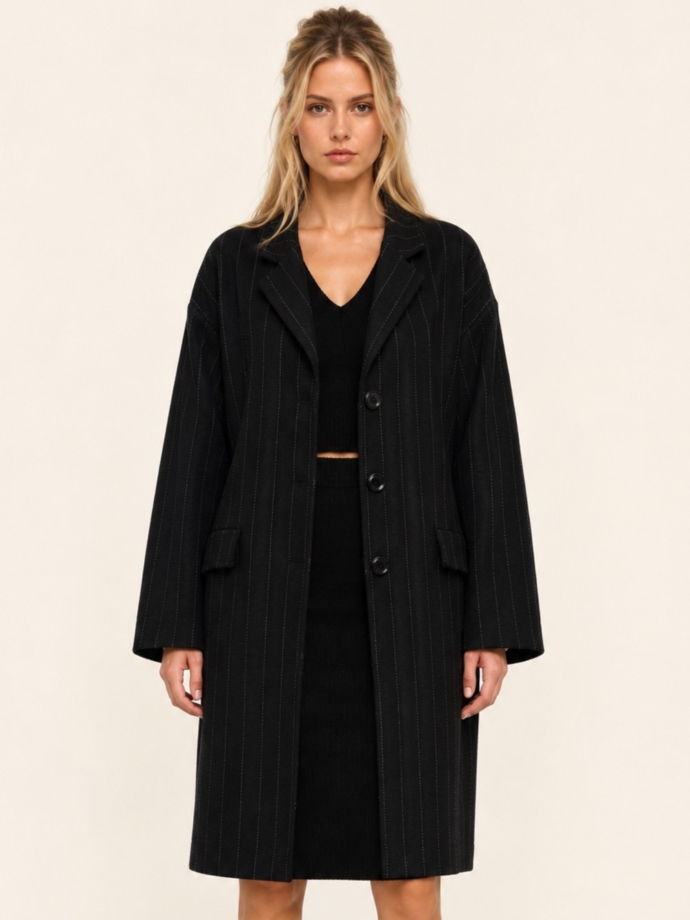 Majestic Filatures Black Wool Pinstripe Jacket/Sweater Old Money Preppy